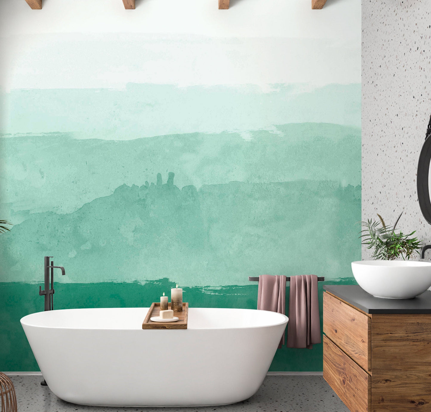 Green Watercolor Wallpaper Peel and Stick, Abstract Grunge Canvas Removable Wall Paper