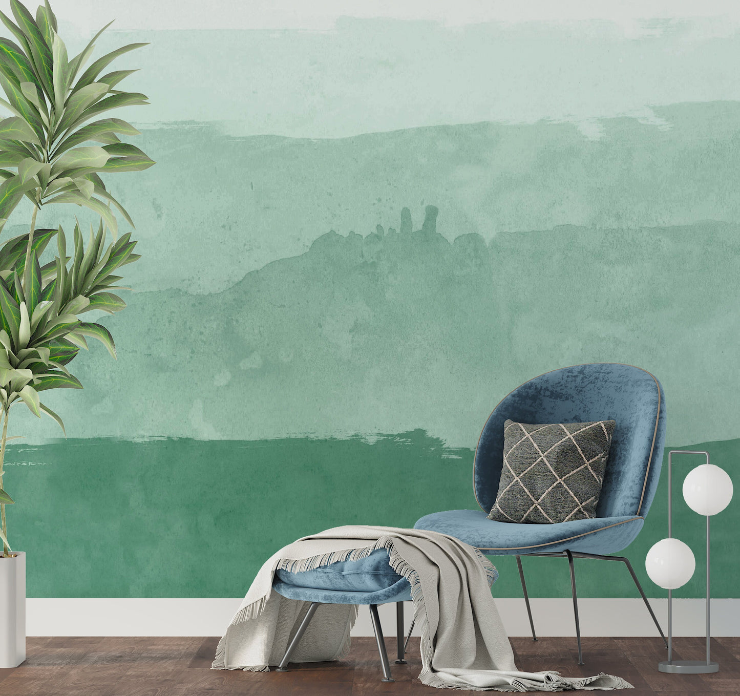 Green Watercolor Wallpaper Peel and Stick, Abstract Grunge Canvas Removable Wall Paper
