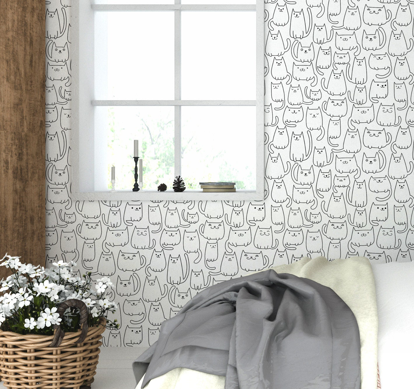 Cats Wallpaper Peel and Stick, Funny Pet Lover Line Art Canvas Removable Wall Paper