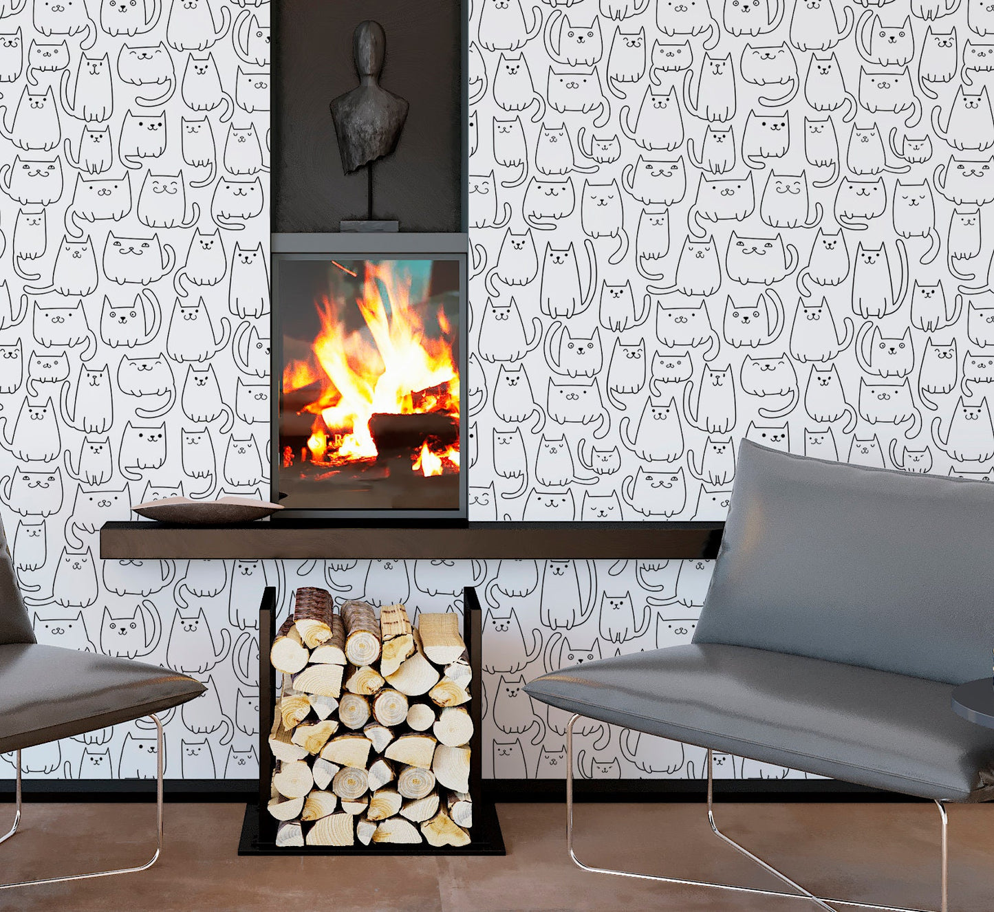 Cats Wallpaper Peel and Stick, Funny Pet Lover Line Art Canvas Removable Wall Paper