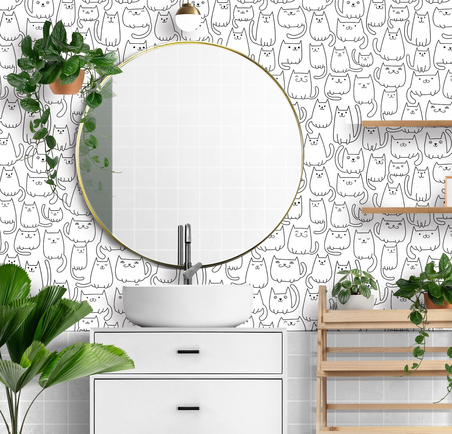 Cats Wallpaper Peel and Stick, Funny Pet Lover Line Art Canvas Removable Wall Paper