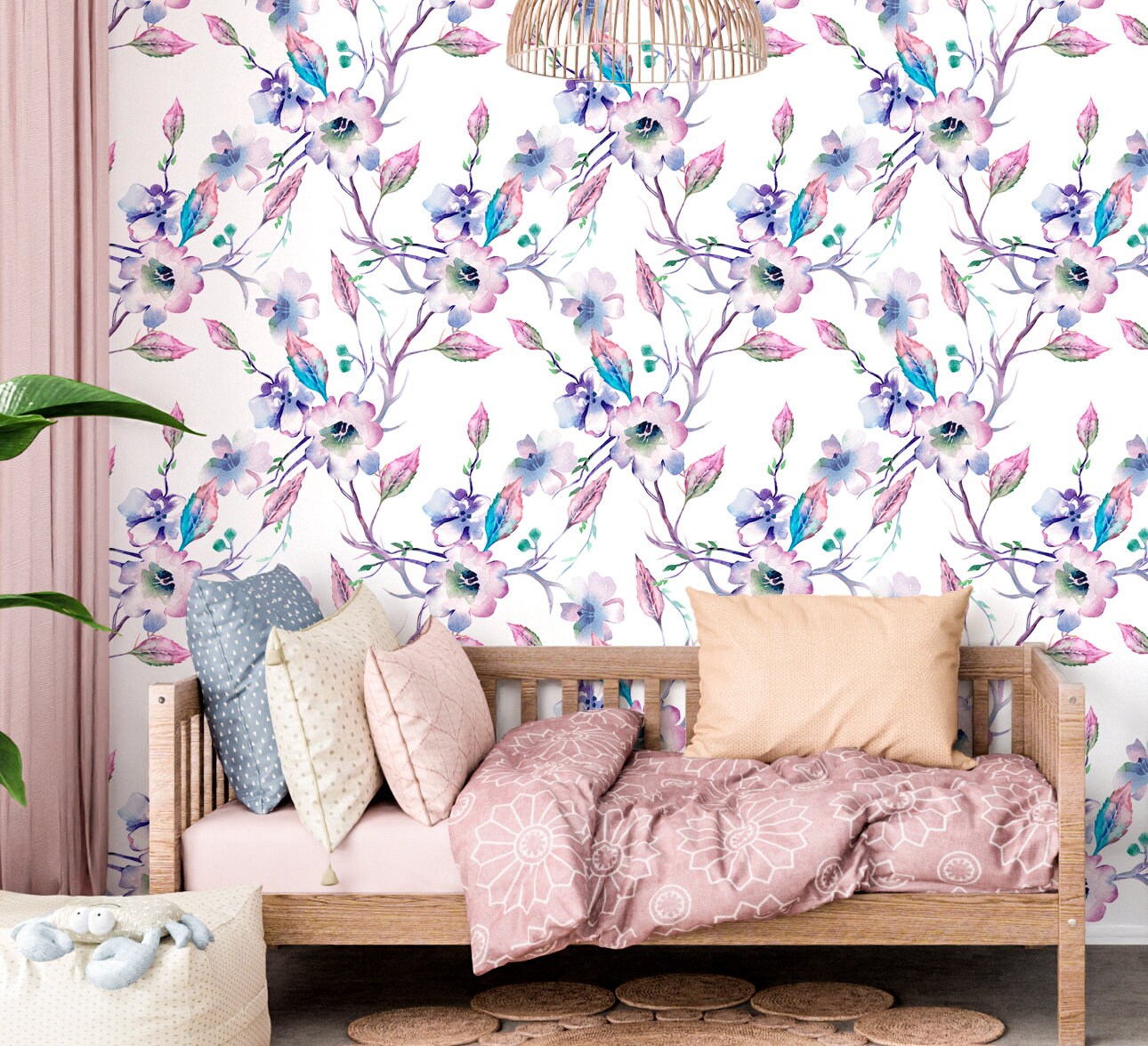 Apple Tree Branches Wallpaper Peel and Stick, Purple Blossom Canvas Removable Wall Paper