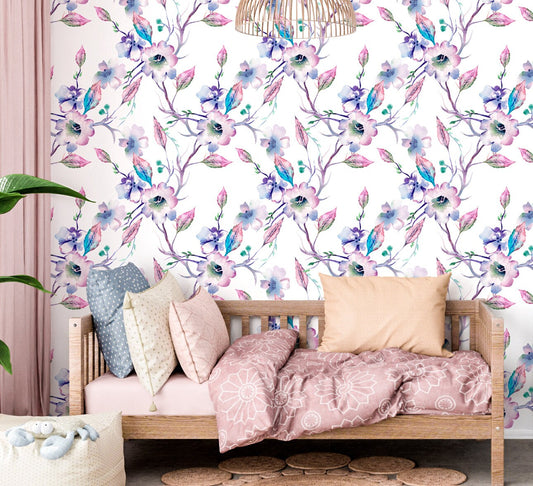 Apple Tree Branches Wallpaper Peel and Stick, Purple Blossom Canvas Removable Wall Paper
