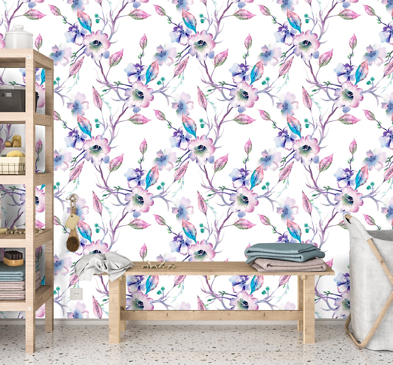 Apple Tree Branches Wallpaper Peel and Stick, Purple Blossom Canvas Removable Wall Paper