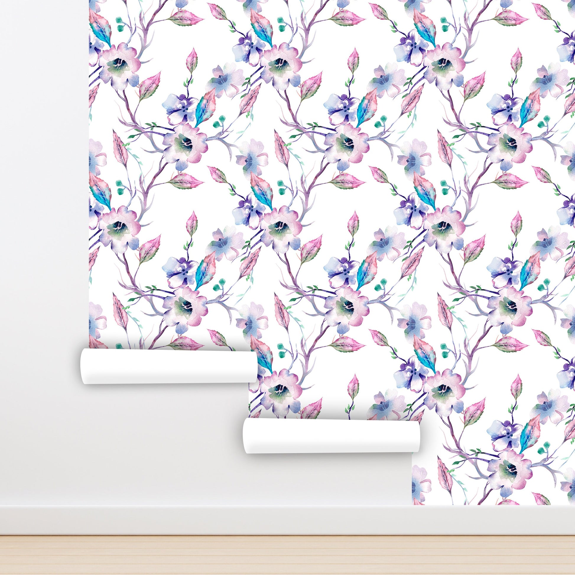 Apple Tree Branches Wallpaper Peel and Stick, Purple Blossom Canvas Removable Wall Paper