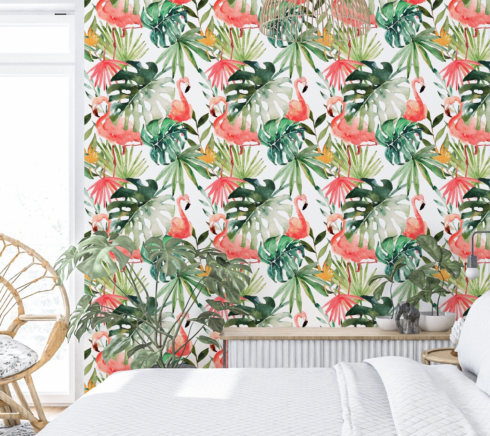 Flamigo Wallpaper Peel and Stick, Tropical Palm Leaves Canvas Removable Wall Paper