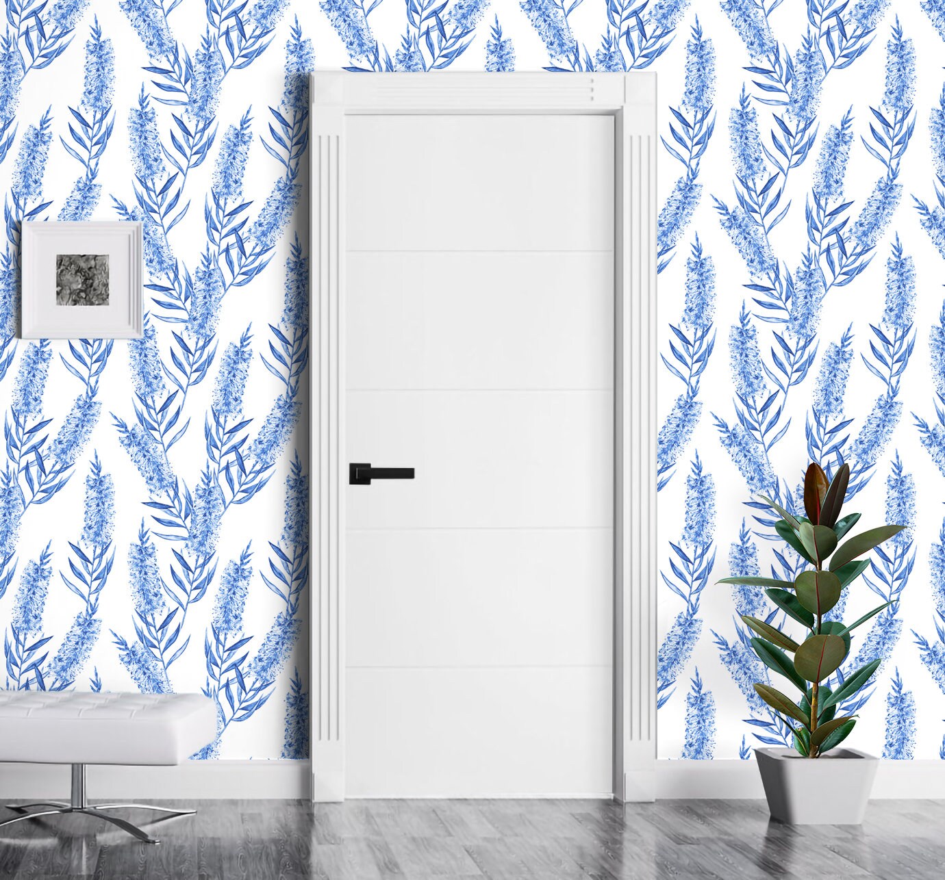 Bottlebrush Wallpaper Peel and Stick, Blue and White Leaf Botanical Removable Wall Paper