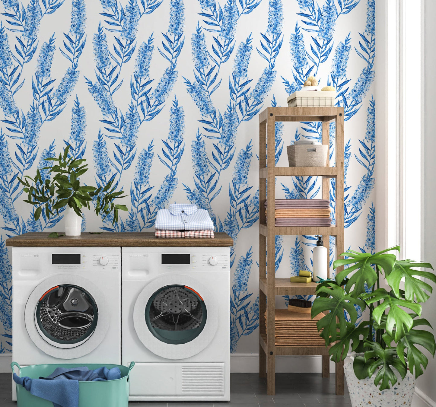 Bottlebrush Wallpaper Peel and Stick, Blue and White Leaf Botanical Removable Wall Paper