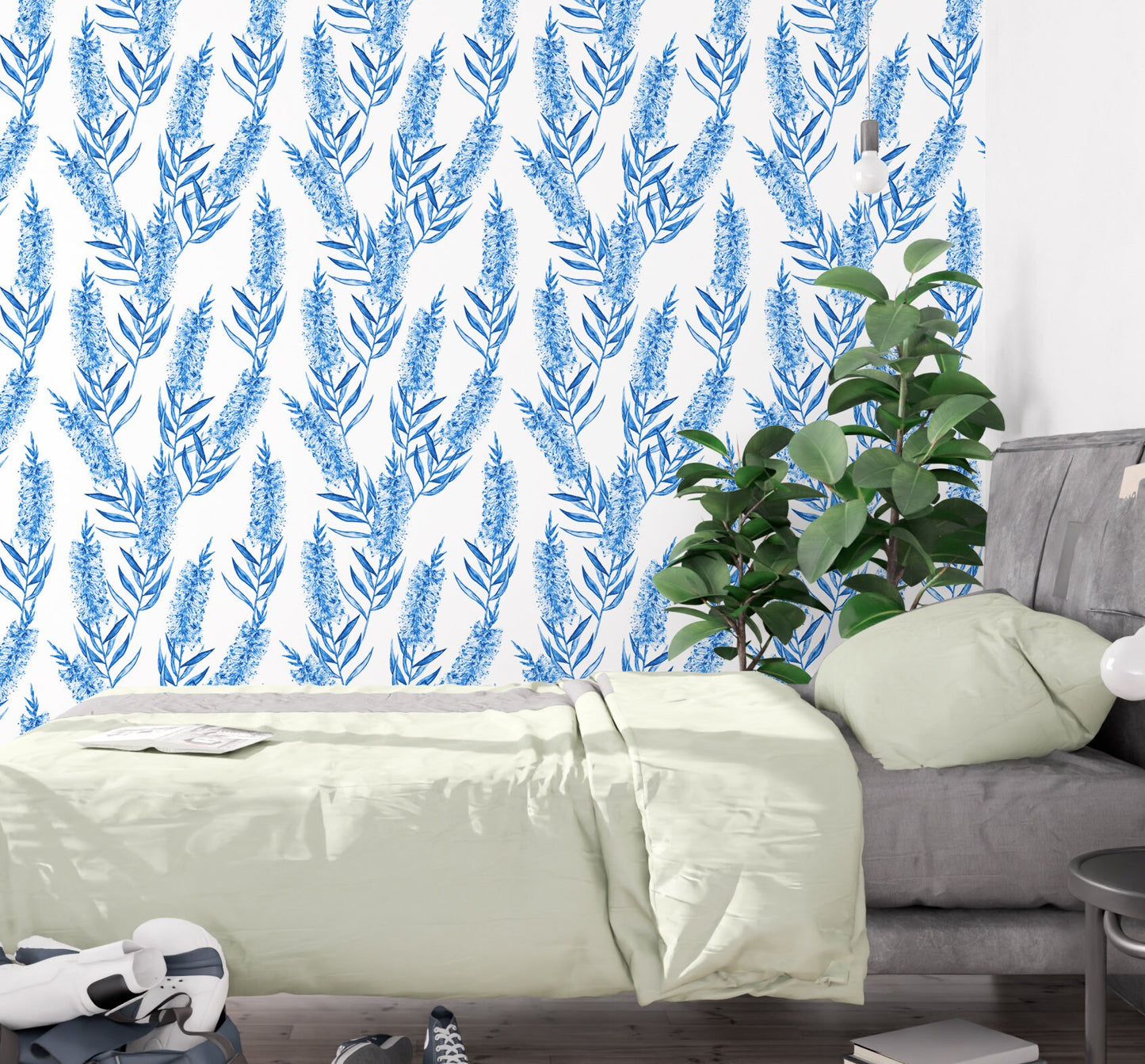 Bottlebrush Wallpaper Peel and Stick, Blue and White Leaf Botanical Removable Wall Paper