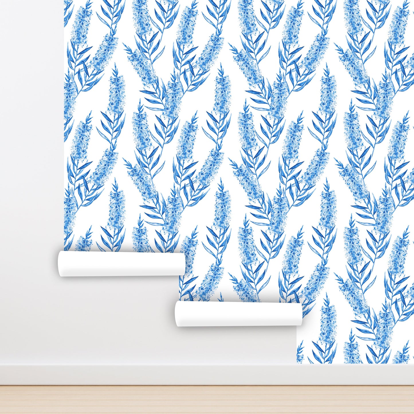 Bottlebrush Wallpaper Peel and Stick, Blue and White Leaf Botanical Removable Wall Paper