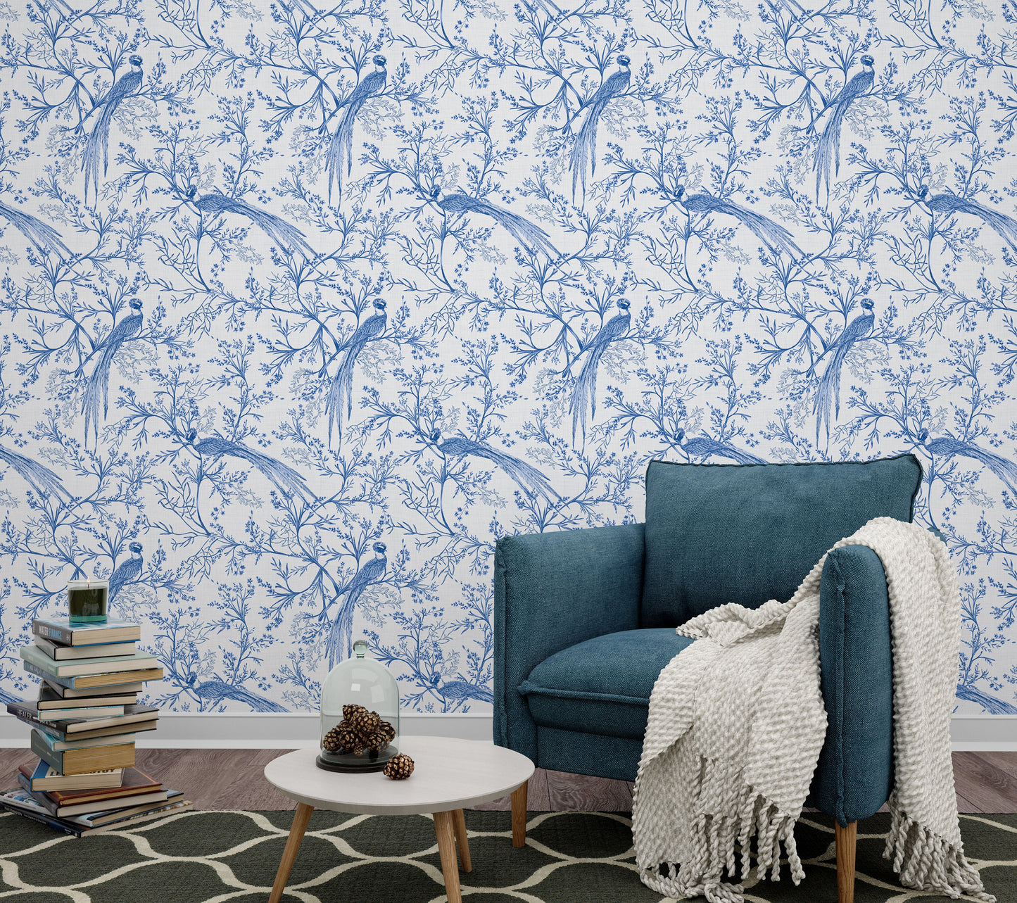 Chinoiserie Wallpaper Peel and Stick, Blue and White Bird Garden Removable Wall Paper