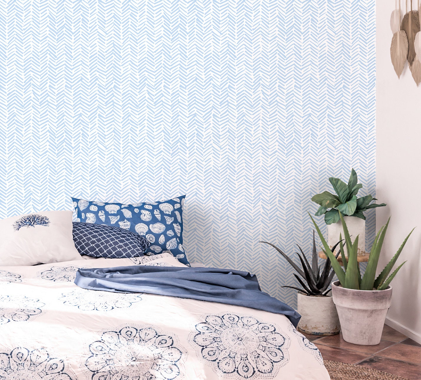 Herringbone Wallpaper Peel and Stick, Blue Shevron Geometric Canvas Removable Wall Paper