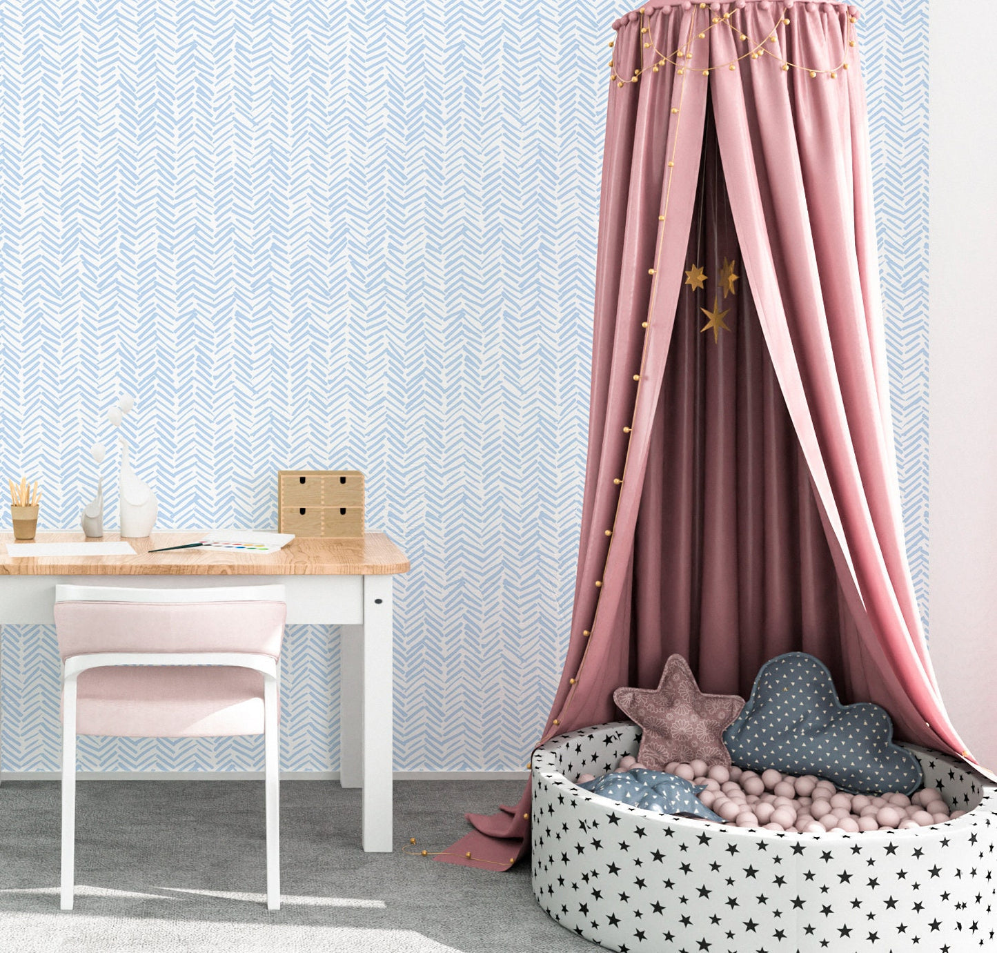 Herringbone Wallpaper Peel and Stick, Blue Shevron Geometric Canvas Removable Wall Paper