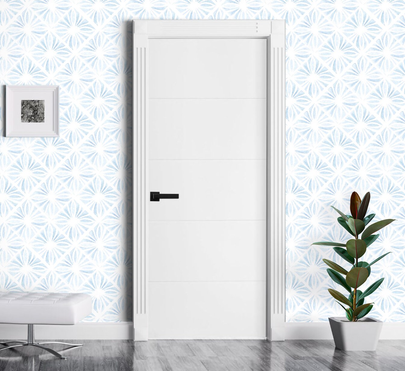 Moroccan Wallpaper Peel and Stick, Blue Watercolor Tile Geometric Canvas Removable Wall Paper