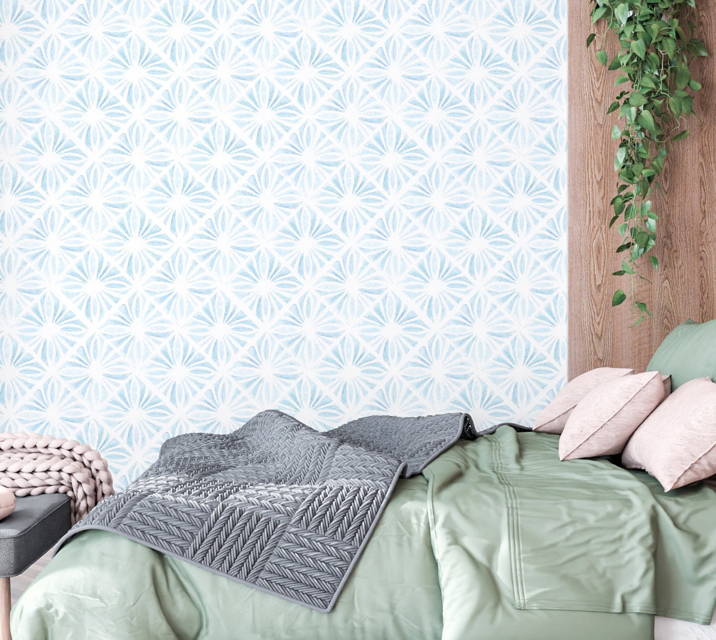 Moroccan Wallpaper Peel and Stick, Blue Watercolor Tile Geometric Canvas Removable Wall Paper