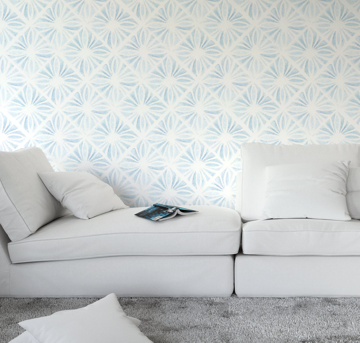 Moroccan Wallpaper Peel and Stick, Blue Watercolor Tile Geometric Canvas Removable Wall Paper
