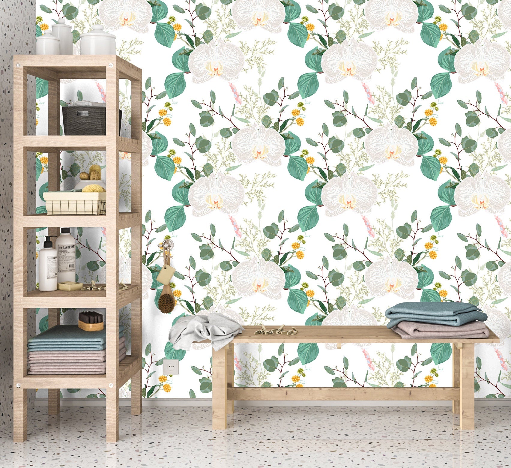 White Orchid Wallpaper Peel and Stick, Tropical Floral Canvas Removable Wall Paper