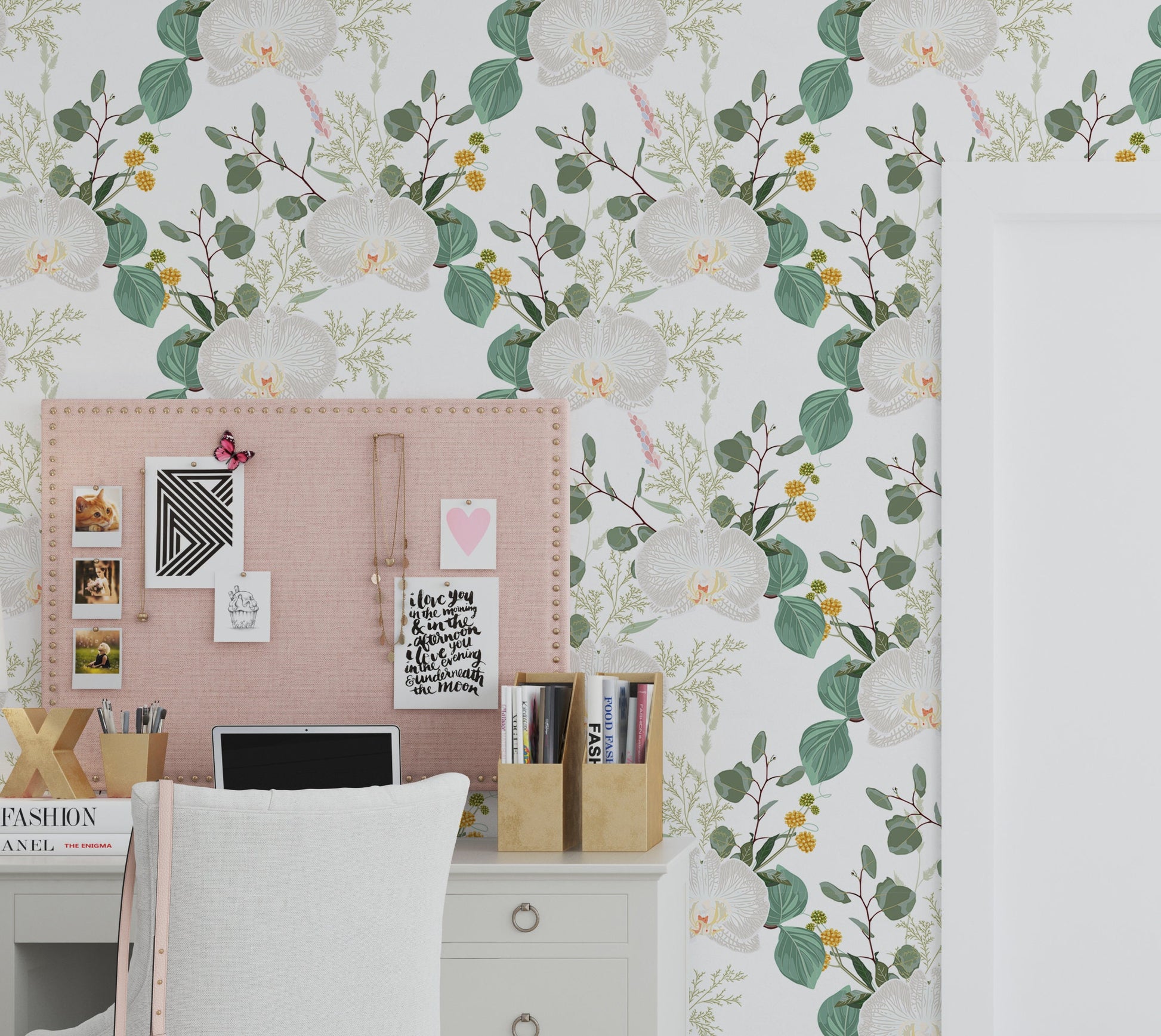 White Orchid Wallpaper Peel and Stick, Tropical Floral Canvas Removable Wall Paper