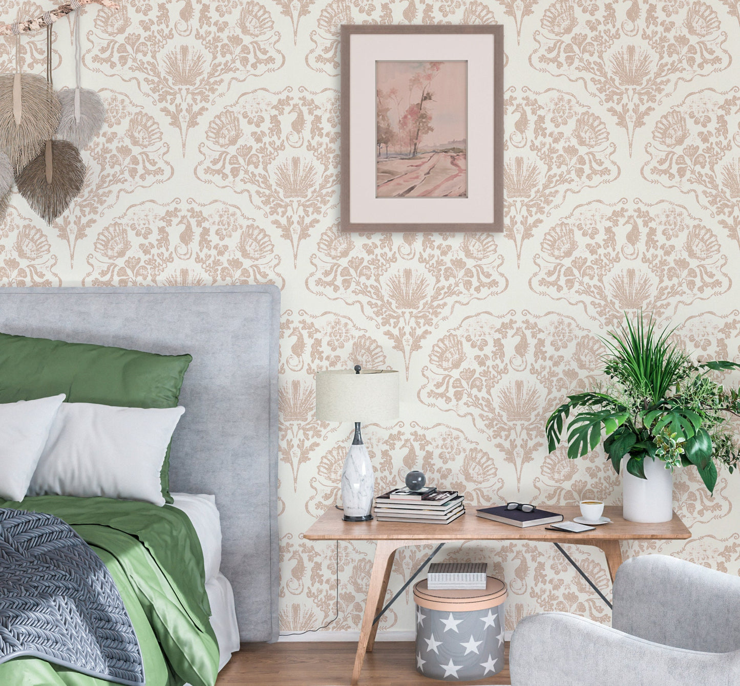 Seashell Wallpaper Peel and Stick, Retro Coastal Canvas Texture Removable Wall Paper