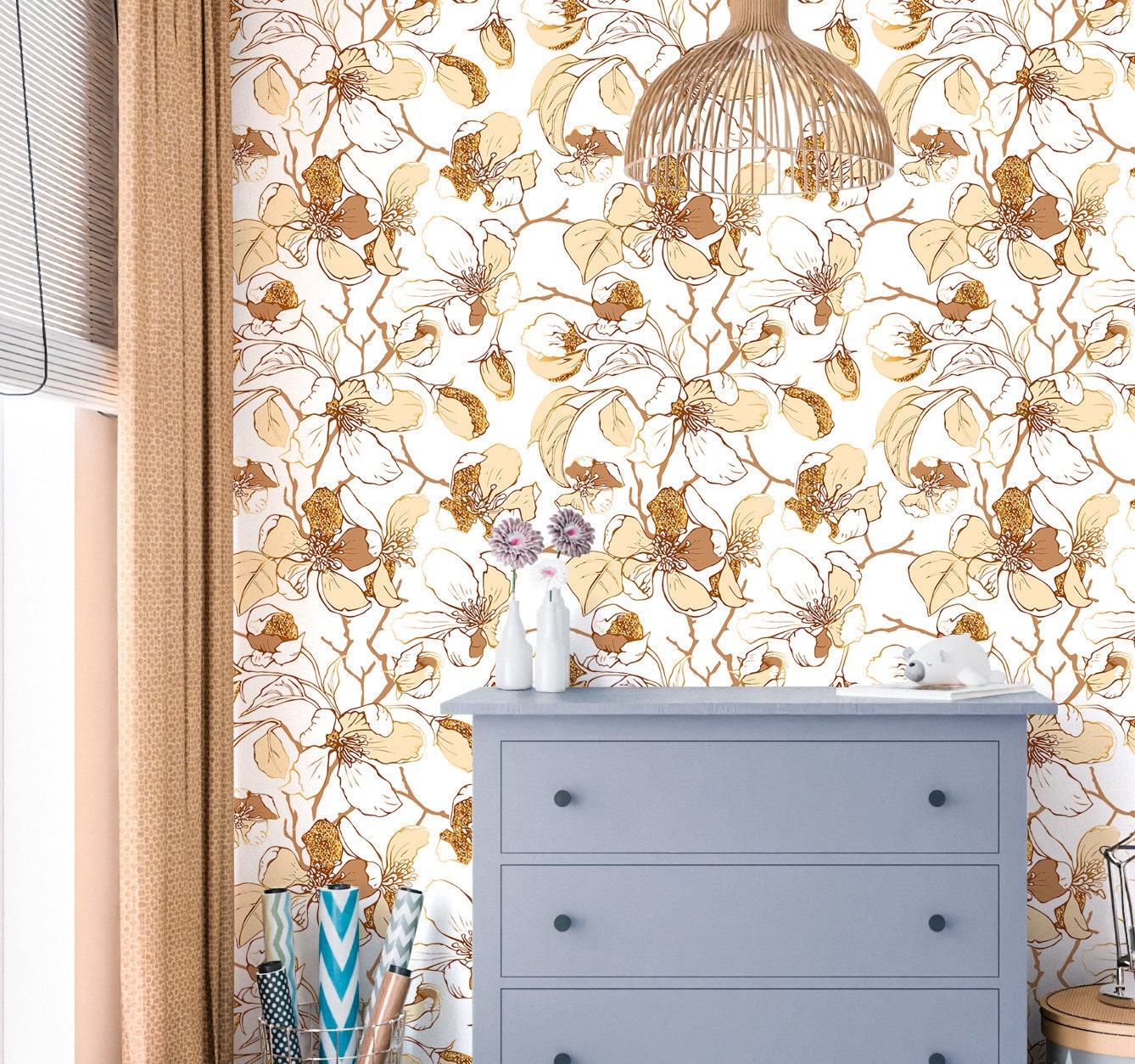 Flower Branches Wallpaper Peel and Stick, Beige Botanical Canvas Removable Wall Paper