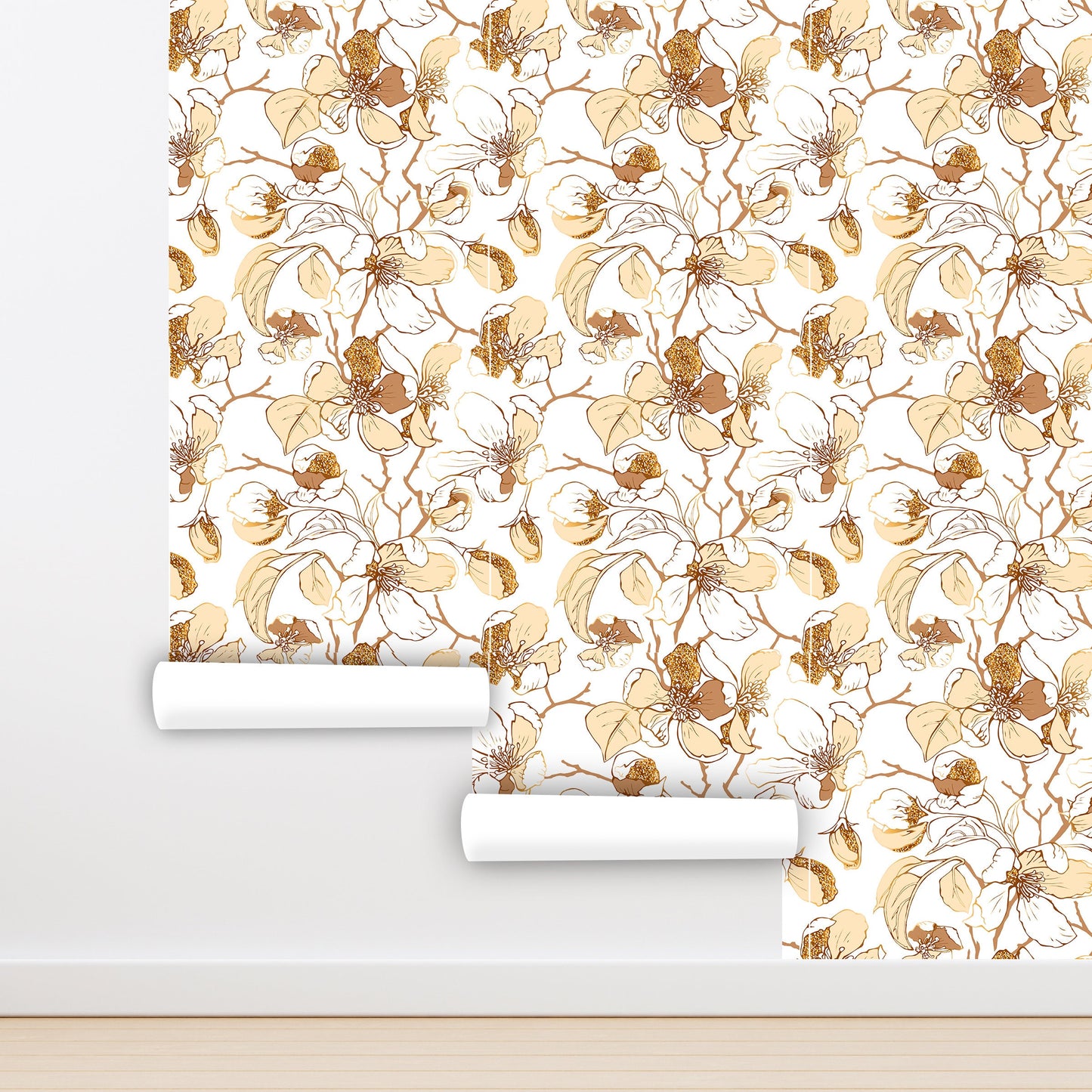 Flower Branches Wallpaper Peel and Stick, Beige Botanical Canvas Removable Wall Paper