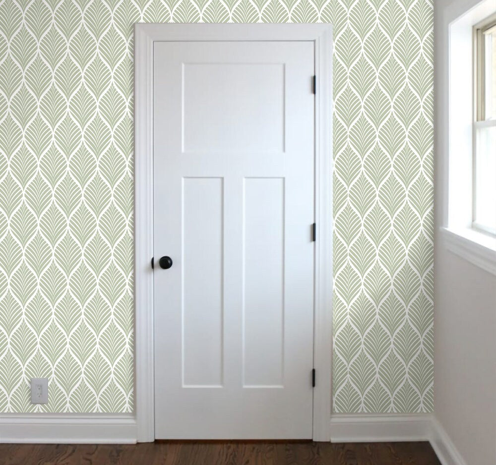 Sage Green Wallpaper Peel and Stick, Leaves Geometric Canvas Texture Removable Wall Paper