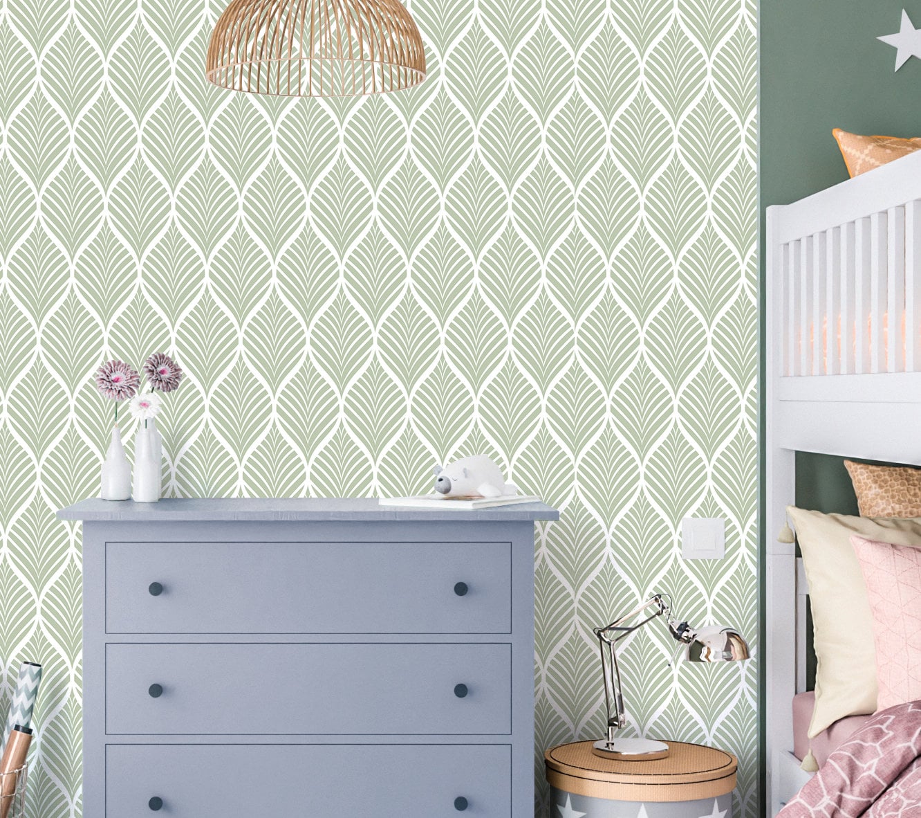 Sage Green Wallpaper Peel and Stick, Leaves Geometric Canvas Texture Removable Wall Paper