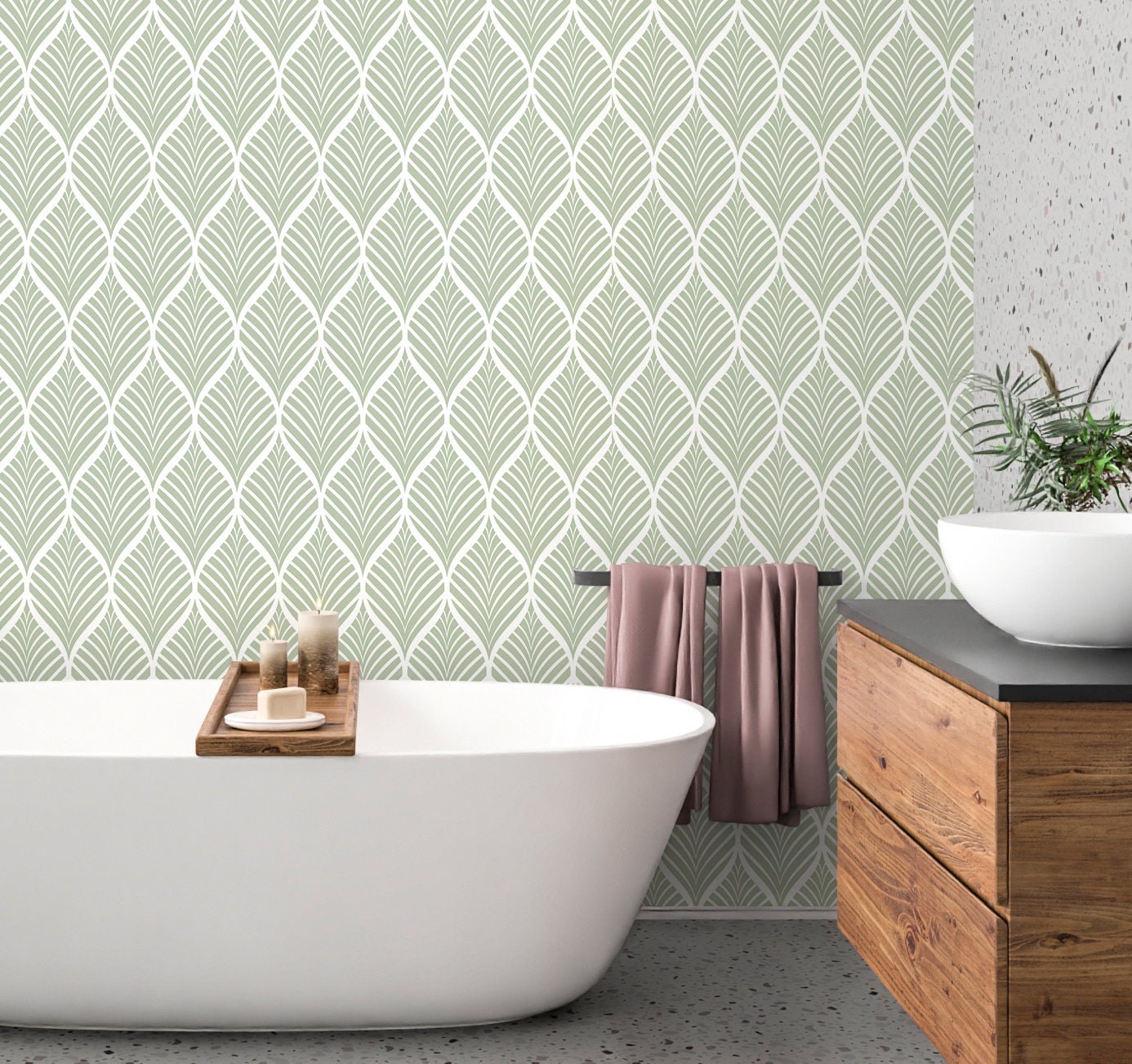 Sage Green Wallpaper Peel and Stick, Leaves Geometric Canvas Texture Removable Wall Paper