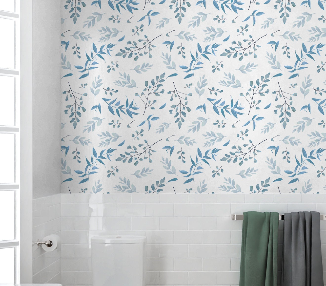 Blue Leaf Wallpaper Peel and Stick, Elegant Botanical Canvas Removable Wall Paper