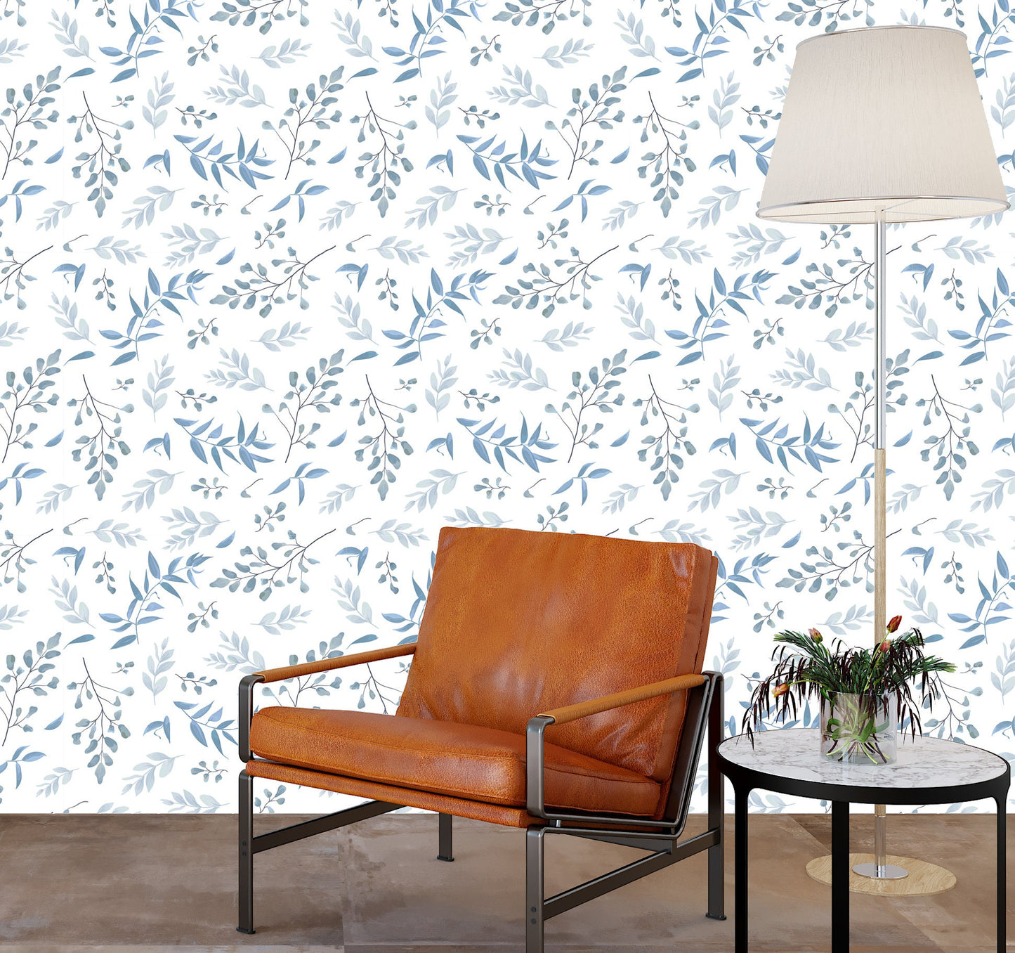 Blue Leaf Wallpaper Peel and Stick, Elegant Botanical Canvas Removable Wall Paper