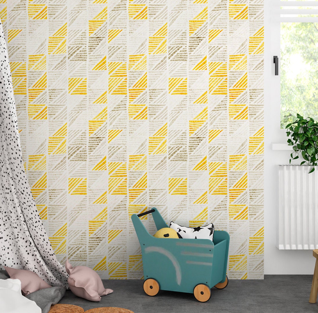 Zigzag Wallpaper Peel and Stick, Grunge Yellow Geometric Canvas Texture Removable Wall Paper