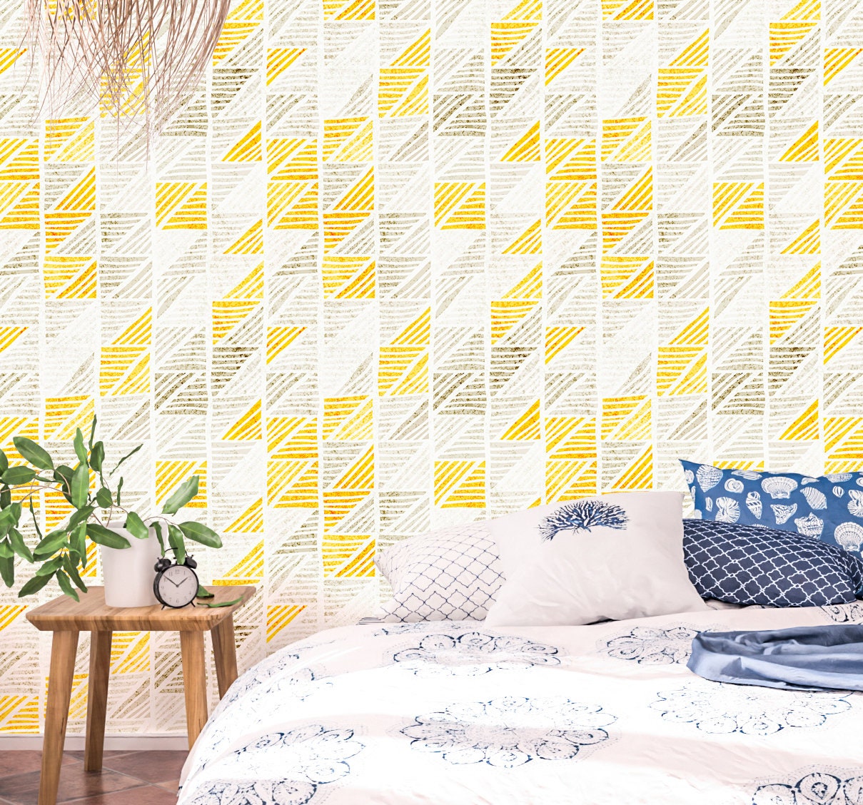 Zigzag Wallpaper Peel and Stick, Grunge Yellow Geometric Canvas Texture Removable Wall Paper
