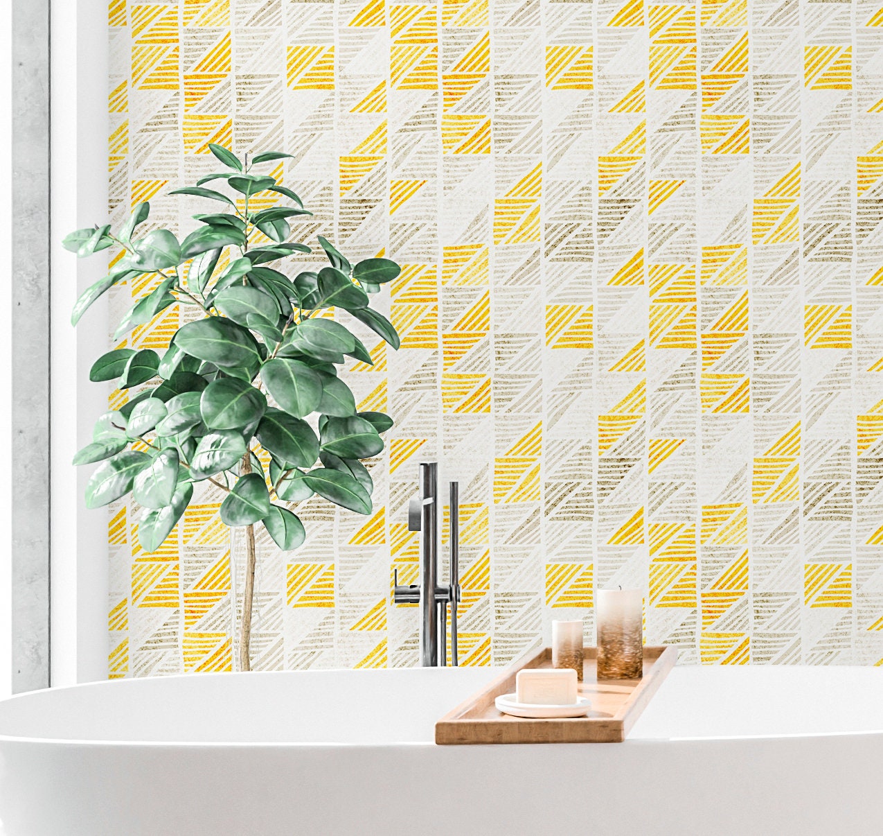 Zigzag Wallpaper Peel and Stick, Grunge Yellow Geometric Canvas Texture Removable Wall Paper