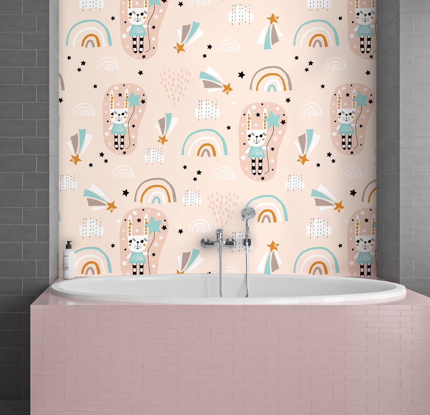 Bunny Wallpaper Peel and Stick, Cute Kids Rainbow Canvas Texture Removable Wall Paper