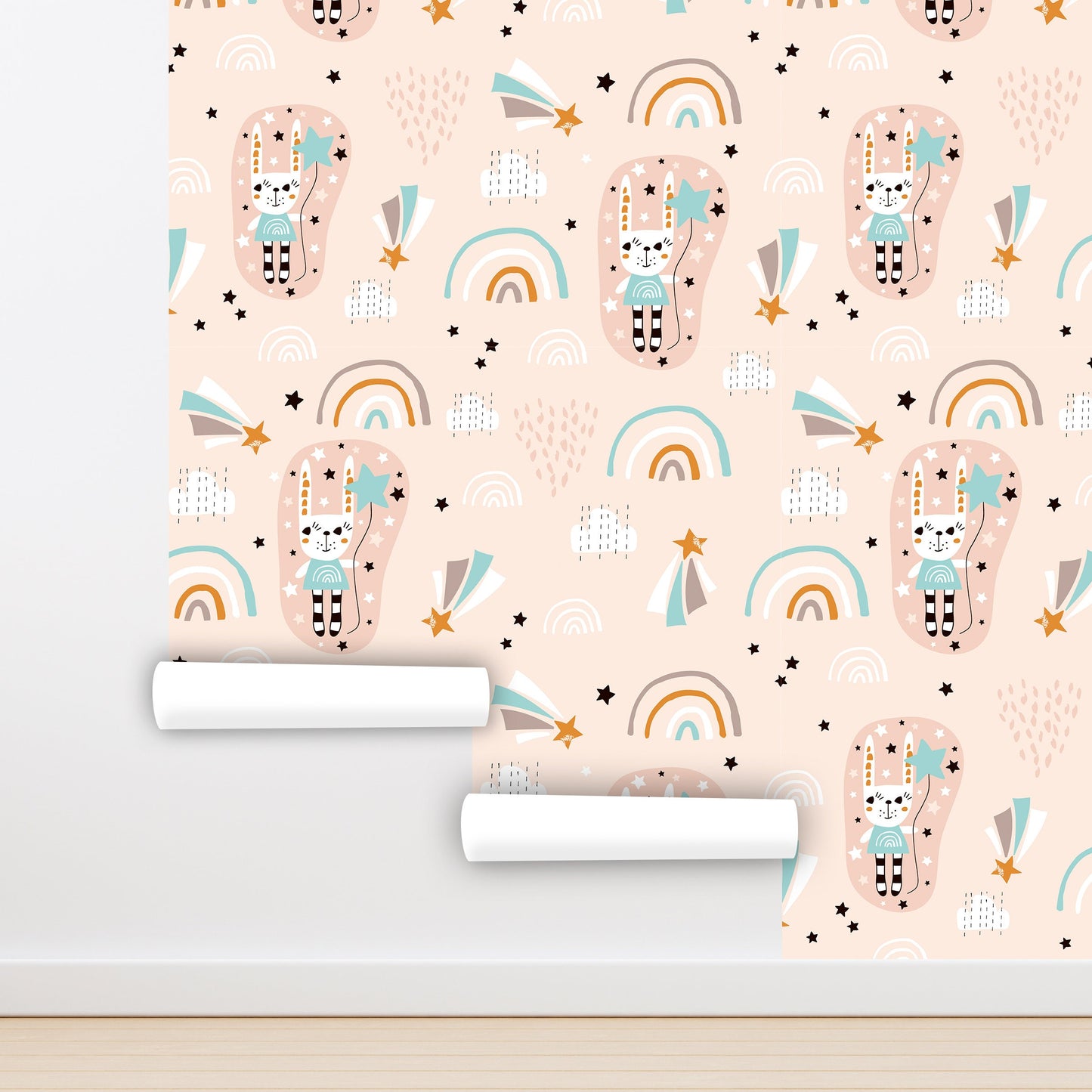 Bunny Wallpaper Peel and Stick, Cute Kids Rainbow Canvas Texture Removable Wall Paper