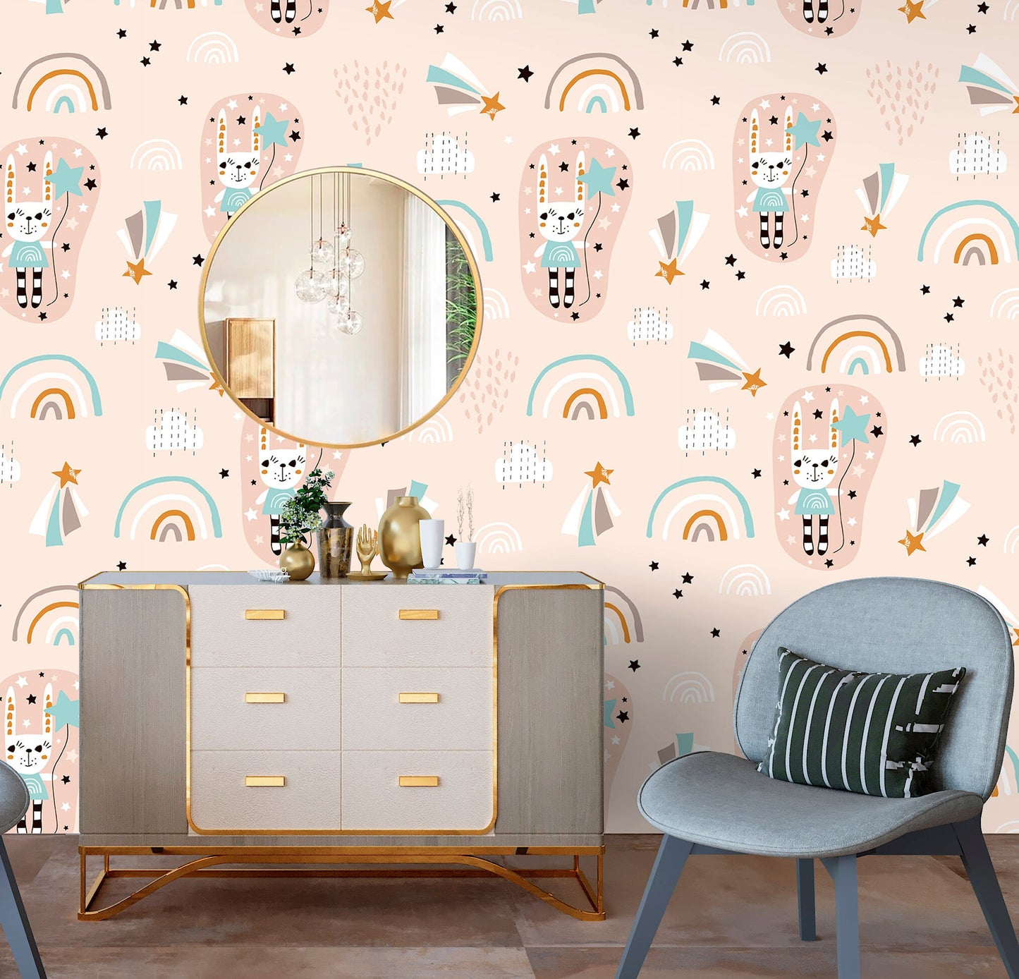 Bunny Wallpaper Peel and Stick, Cute Kids Rainbow Canvas Texture Removable Wall Paper