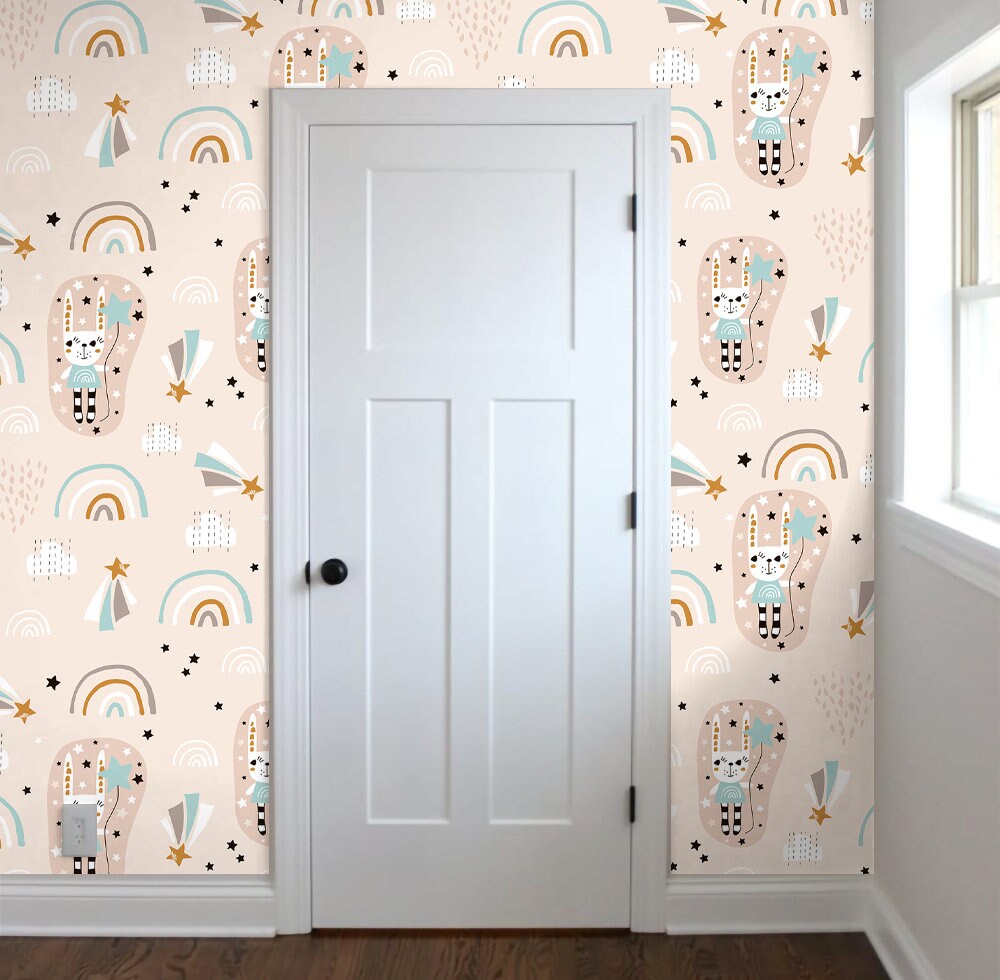 Bunny Wallpaper Peel and Stick, Cute Kids Rainbow Canvas Texture Removable Wall Paper
