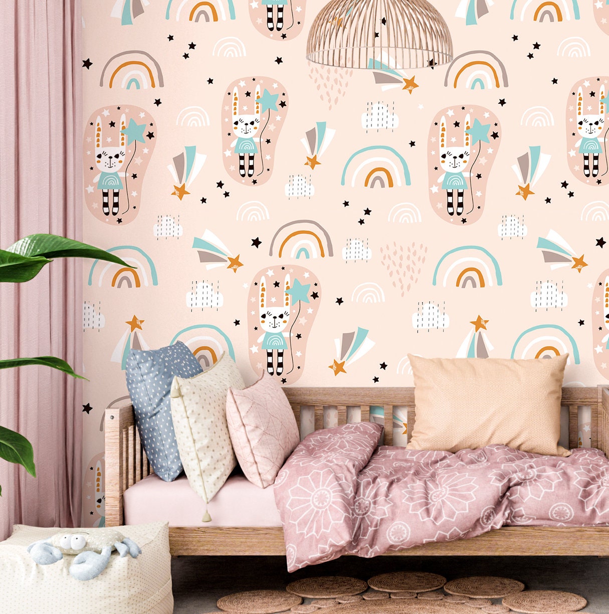 Bunny Wallpaper Peel and Stick, Cute Kids Rainbow Canvas Texture Removable Wall Paper