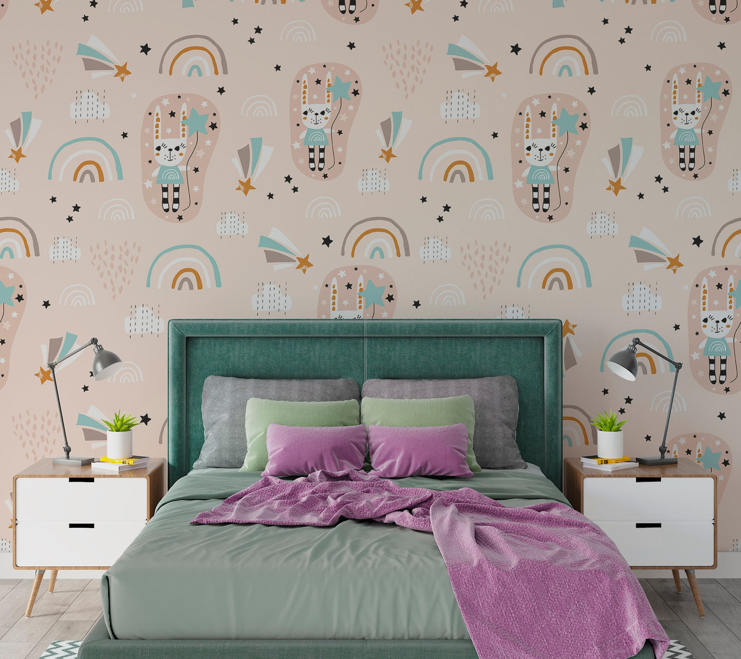 Bunny Wallpaper Peel and Stick, Cute Kids Rainbow Canvas Texture Removable Wall Paper