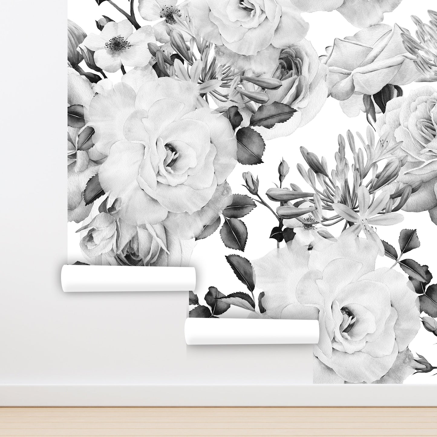 Large Rose Wallpaper Black and White Floral Wallpaper Peel and Stick Big Flower Wallpaper, Removable Wallpaper Mural