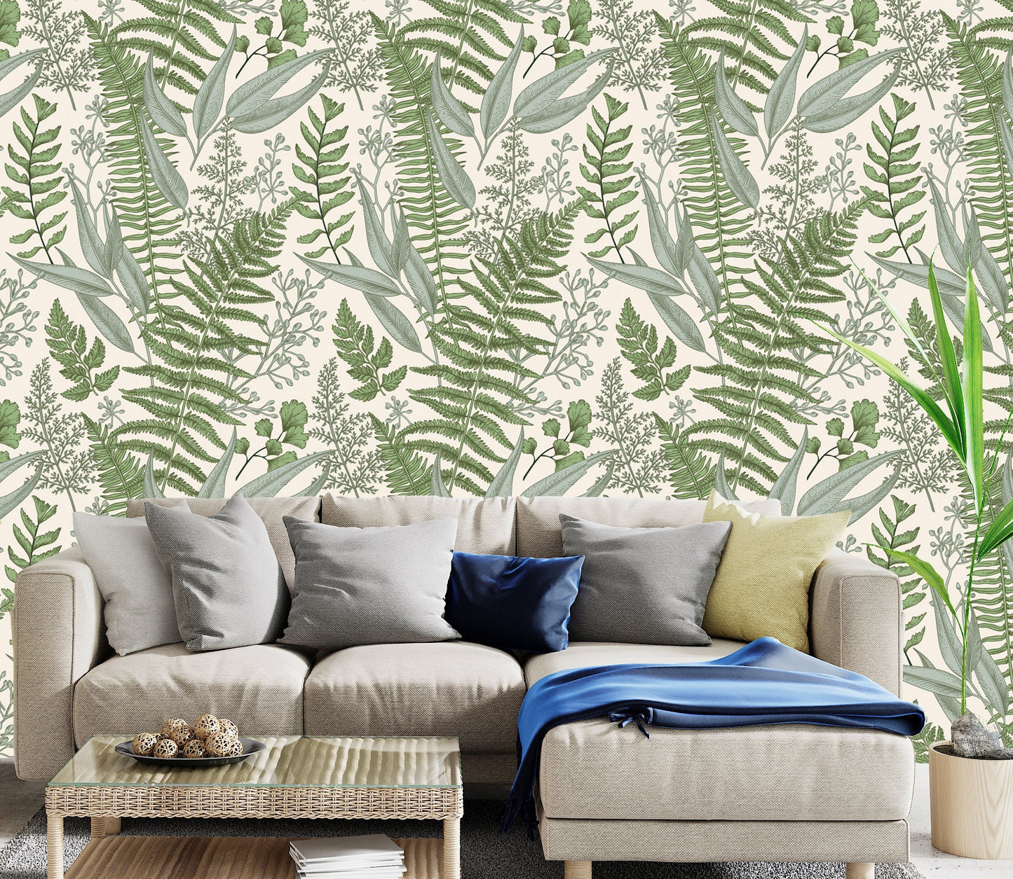 Fern Wallpaper, Green Leaf Wallpaper Peel and Stick, Botanical Wallpaper, Tropical Wallpaper, Removable Wall Paper