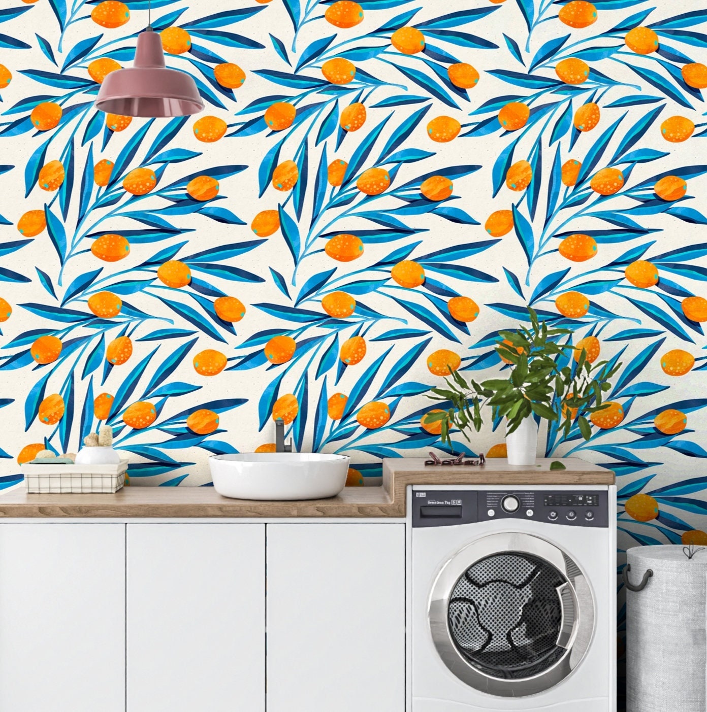 Citrus Wallpaper, Blue Leaf Wallpaper Peel and Stick, Tropical Wallpaper, Lemon Wallpaper, Removable Wall Paper