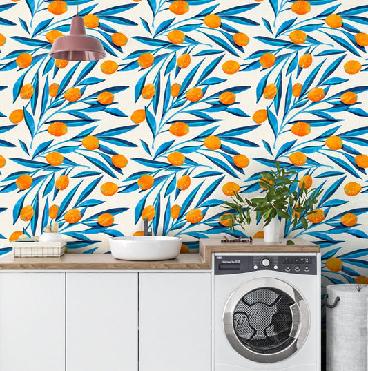 Citrus Wallpaper, Blue Leaf Wallpaper Peel and Stick, Tropical  Wallpaper, Lemon Wallpaper, Removable Wall Paper