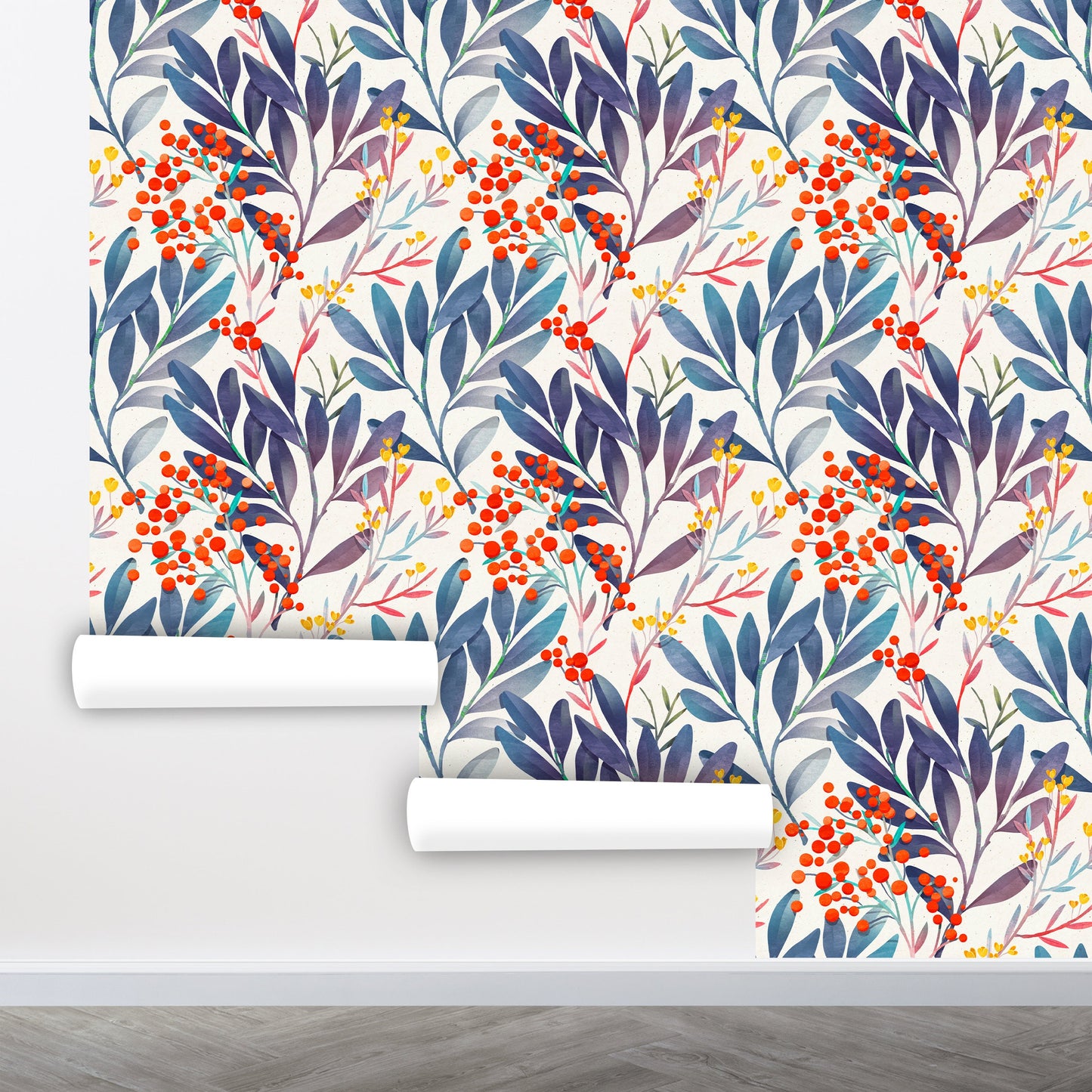 Berry and Blue Leaf Wallpaper