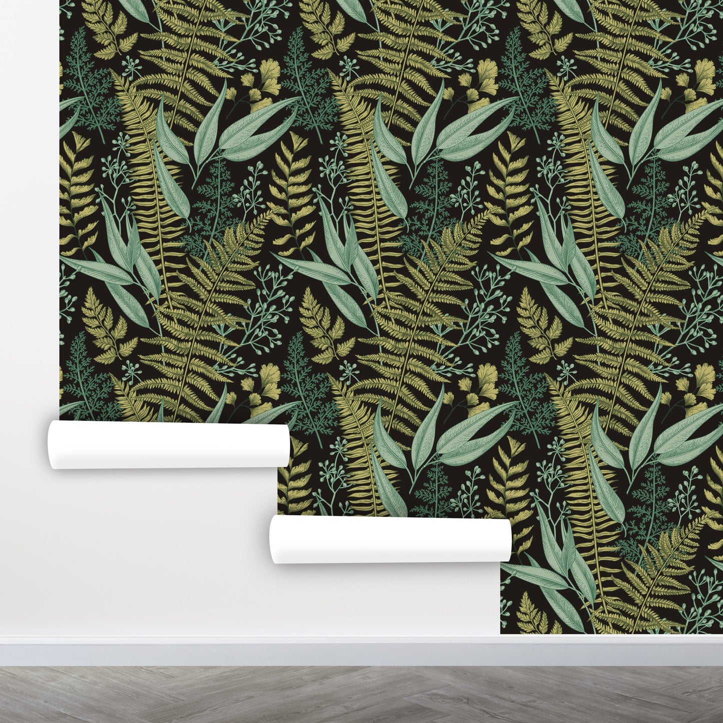 Fern Wallpaper, Botanical Wallpaper Peel and Stick, Black Leaf Wallpaper, Herbs Wallpaper, Removable Wall Paper
