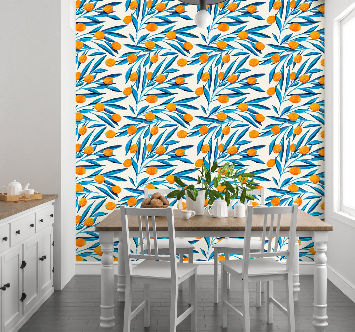 Citrus Wallpaper, Blue Leaf Wallpaper Peel and Stick, Tropical Wallpaper, Lemon Wallpaper, Removable Wall Paper