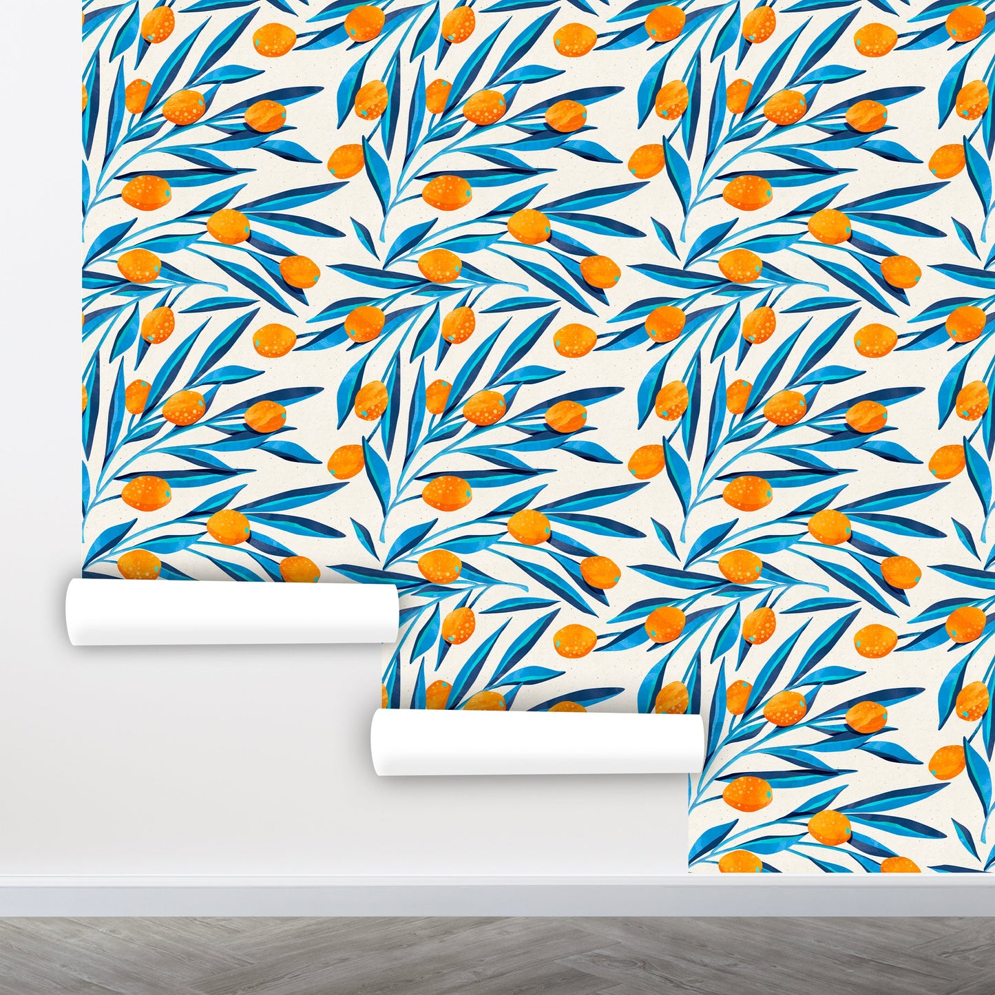 Citrus Wallpaper, Blue Leaf Wallpaper Peel and Stick, Tropical Wallpaper, Lemon Wallpaper, Removable Wall Paper