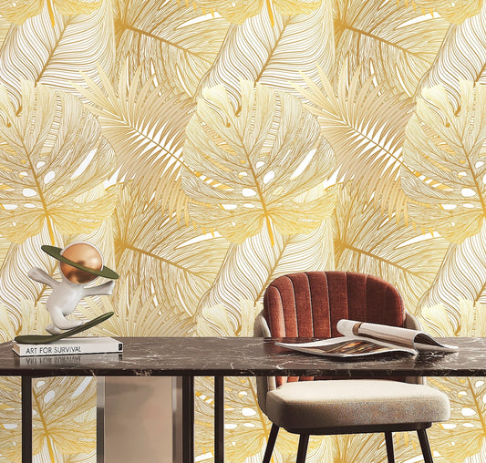 Gold Leaf Wallpaper Peel and Stick, Palm Leaf Wallpaper, Yellow Wallpaper, Self Adhesive Wallpaper, Removable Wall Paper