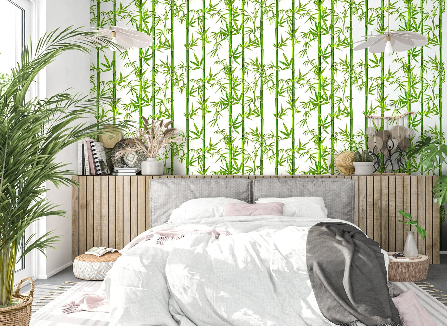 Bamboo Wallpaper Peel and Stick, Tropical Wallpaper, Green Leaf Wallpaper, Exotic Wallpaper, Removable Wall Paper