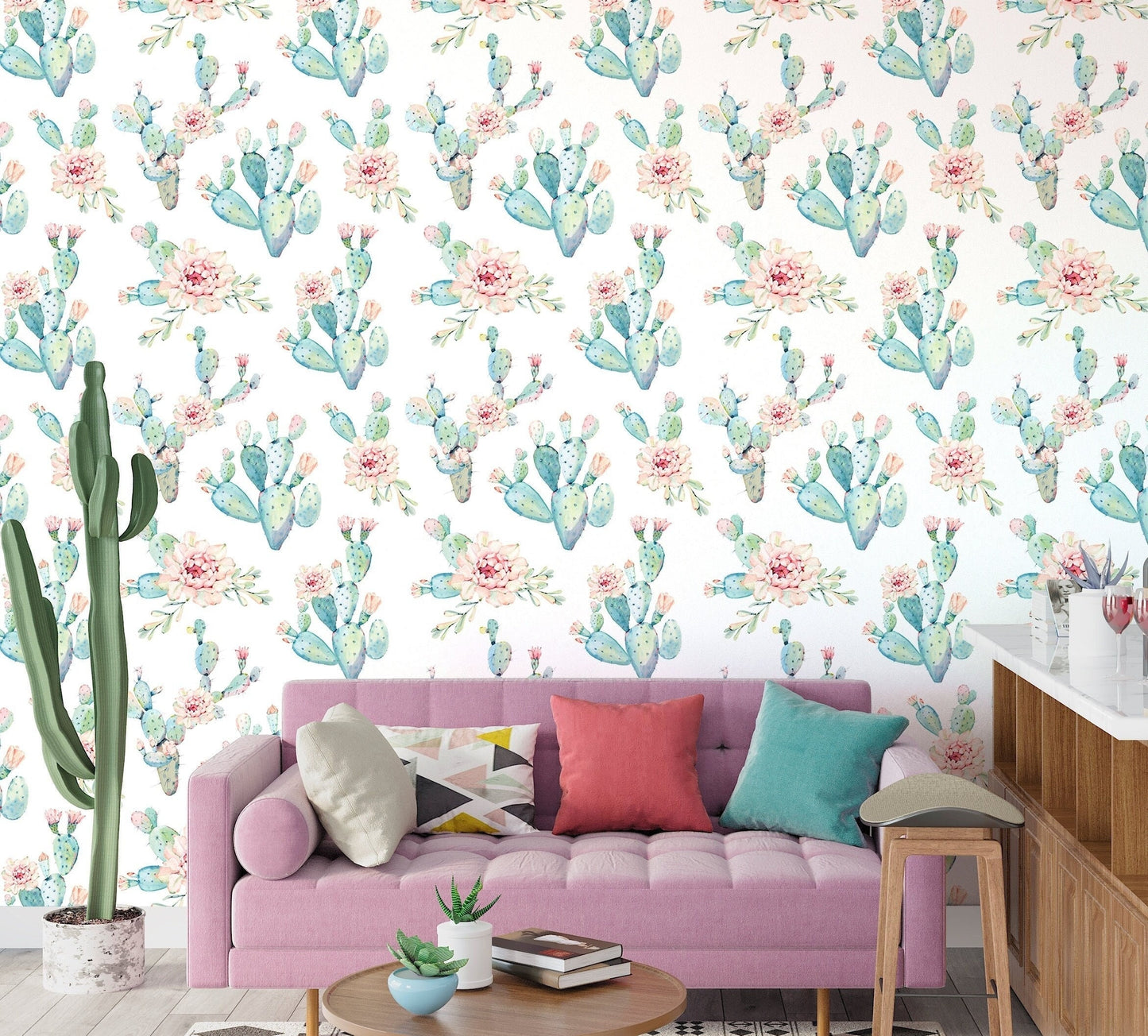 Cactus Wallpaper Peel and Stick, Tropical Wallpaper, Exotic Wallpaper, Nursery Wallpaper, Removable Wall Paper
